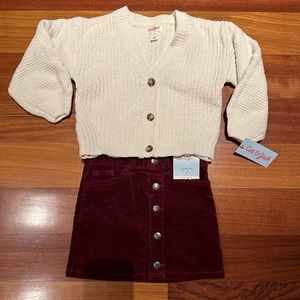 NWT Fall Toddler Shimmery Cream Cardigan and Burgundy Corduroy Button Skirt Set